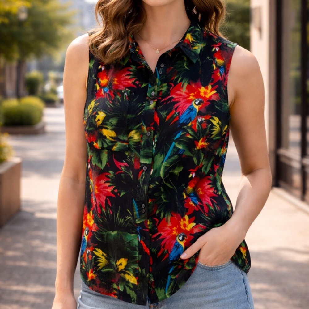 Love Moschino Parrot Shirt Womens 6 Button Front Sleeveless Cotton Tropical